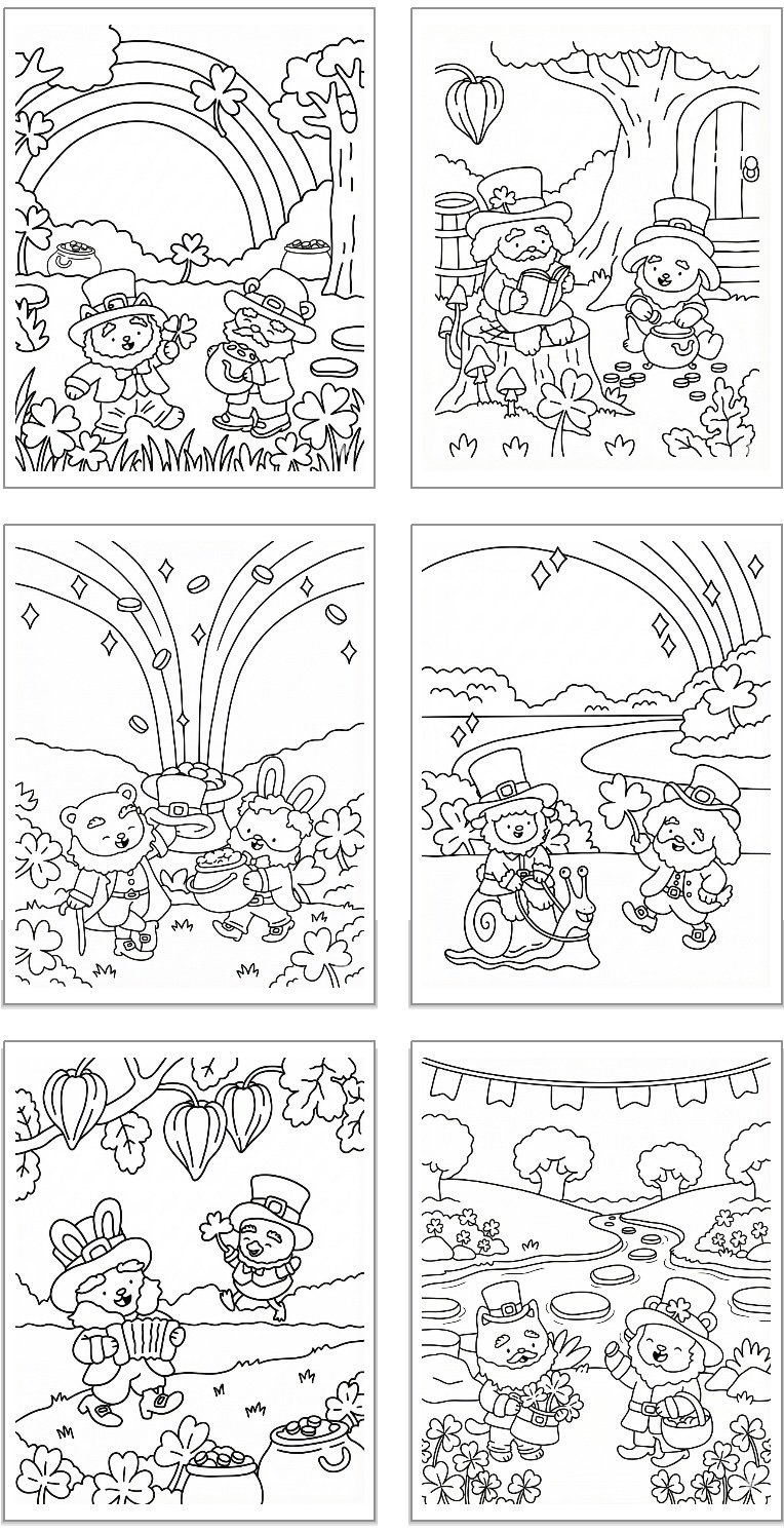 six fuzzy hygge style st Patrick's ay coloring pages with animals dressed as leprechauns
