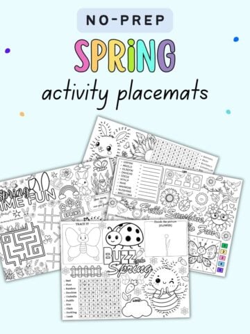 text "no prep spring activity placemats" with a preview of four spring themed activity placements