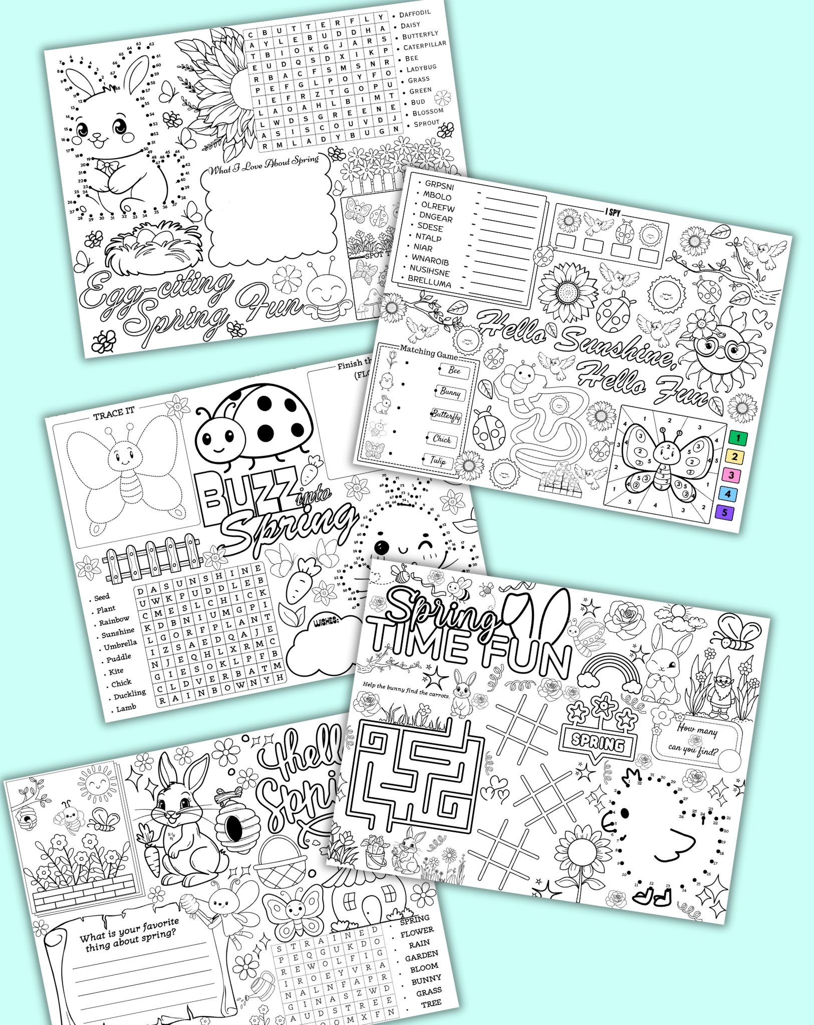 five spring themed activity placemats for kids