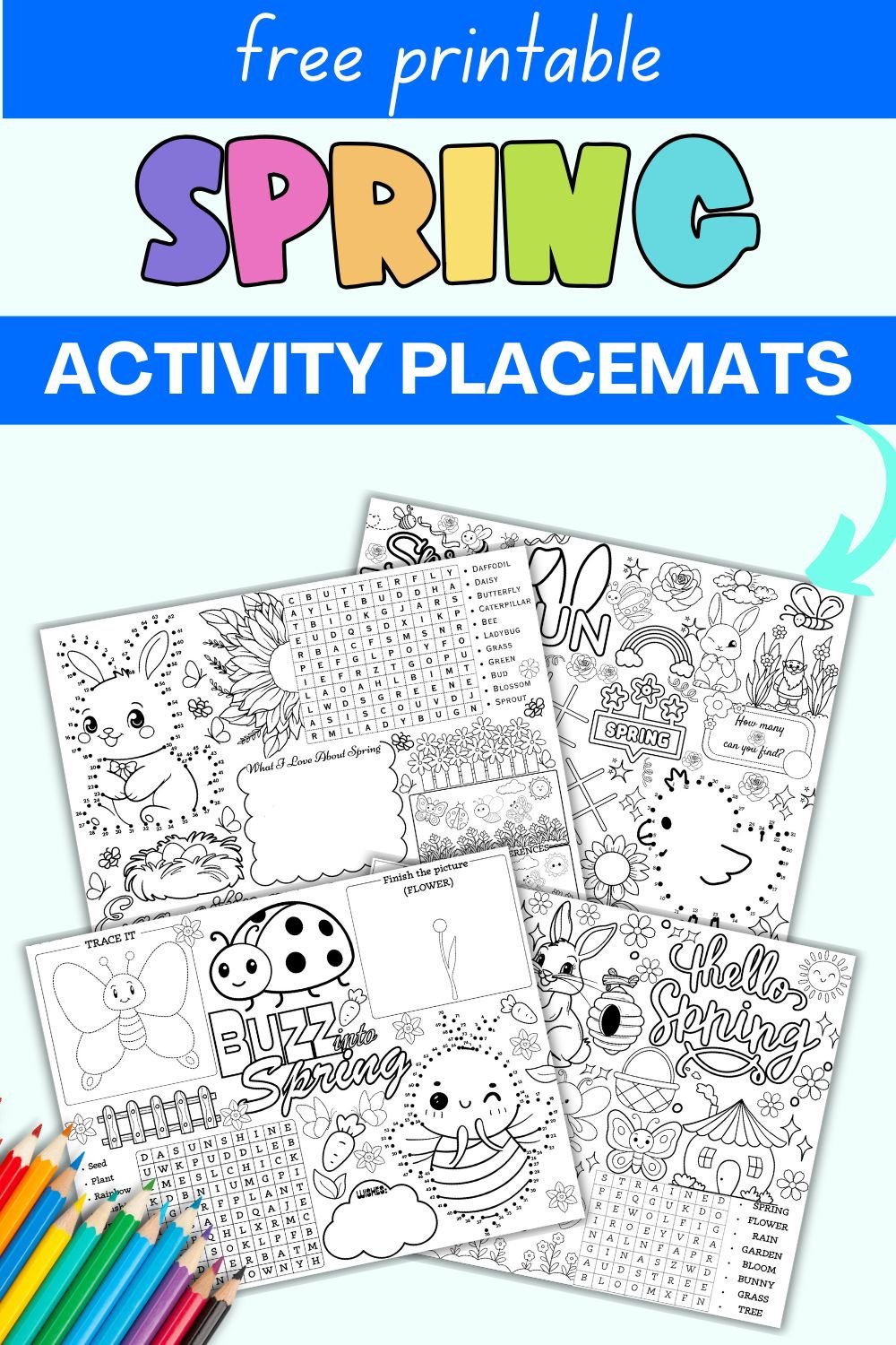 text "free printable spring activity placemats" with a preview of four activity placemat sheets