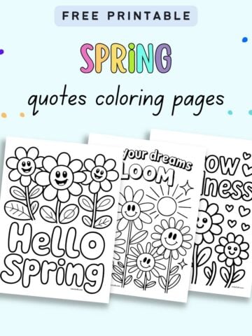 text "free printable spring quotes coloring pages" with a preview of three simple coloring pages with flowers