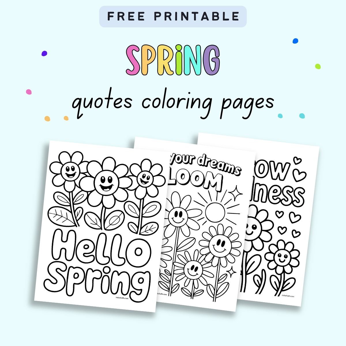 text "free printable spring quotes coloring pages" with a preview of three simple coloring pages with flowers