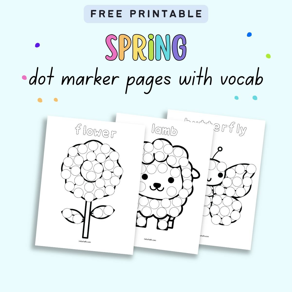text "free printable spring dot marker pages with vocab" and a preview of three dot marker coloring sheets