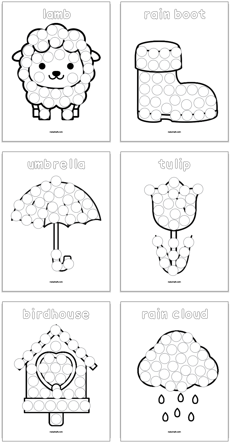 six spring themed dot marker coloring pages with spring vocabulary includingamb
rain boot
umbrella
tulip
bird house
rain cloud