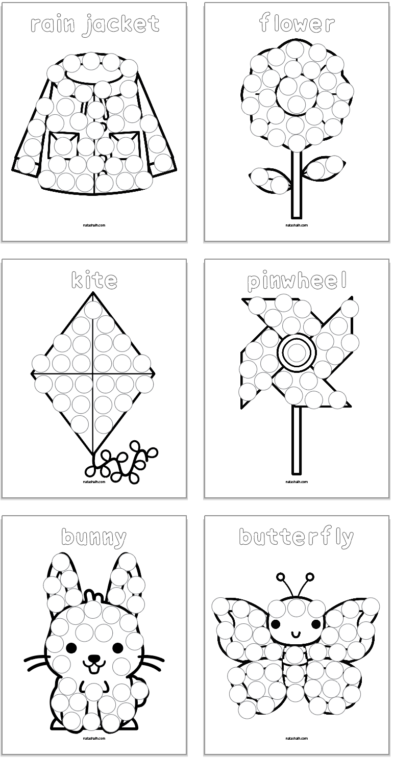 six spring themed dot marker coloring pages with spring vocabulary including rain jacket
flower
kite
pinwheel
bunny
butterfly