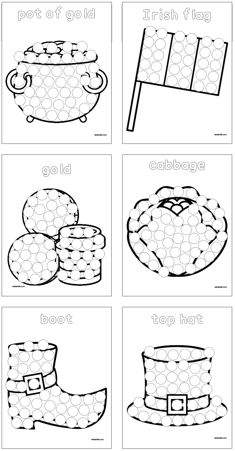 six st patrick's day dot marker pages with vocabulary including: A pot of gold
An Irish flag
A stack of gold
A cabbage
A boot (according to legend, leprechauns are cobblers)
A top hat