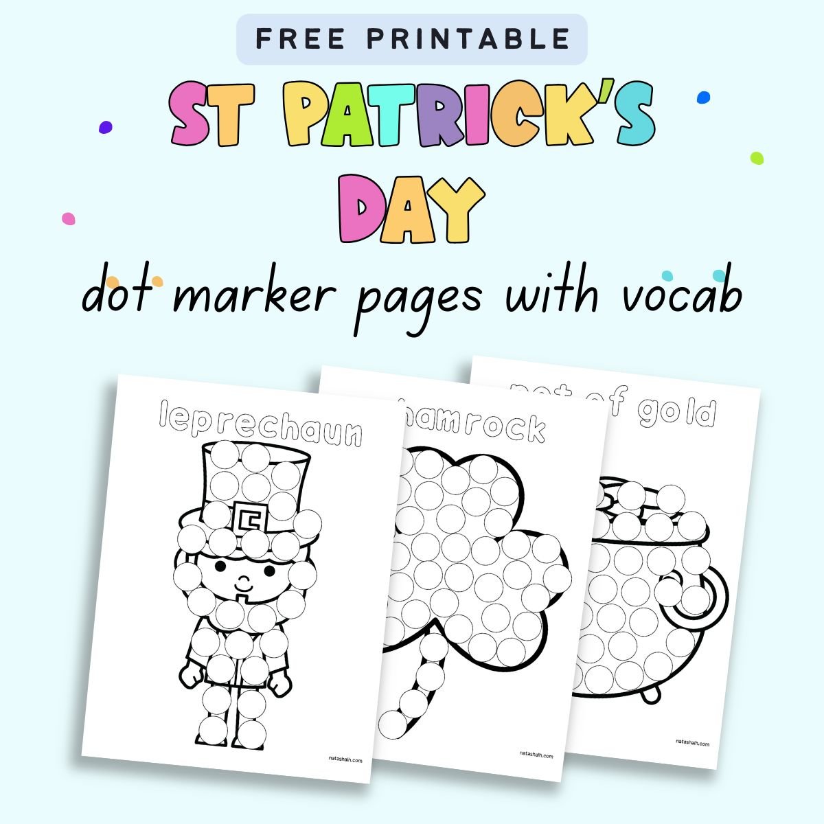 text "free printable st patrick's day dot marker pages with vocab" with three dot marker coloring page previews