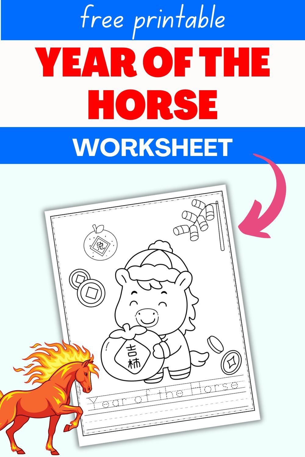 text "free printable year of the horse worksheet" with a preview of a worksheet with handwriting and coloring
