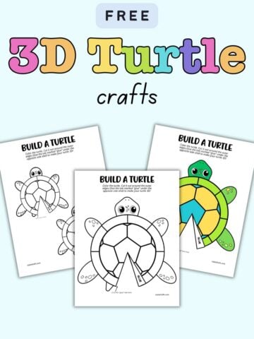 text "free 3D turtle crafts" with a preview of three pages of printable turtle craft