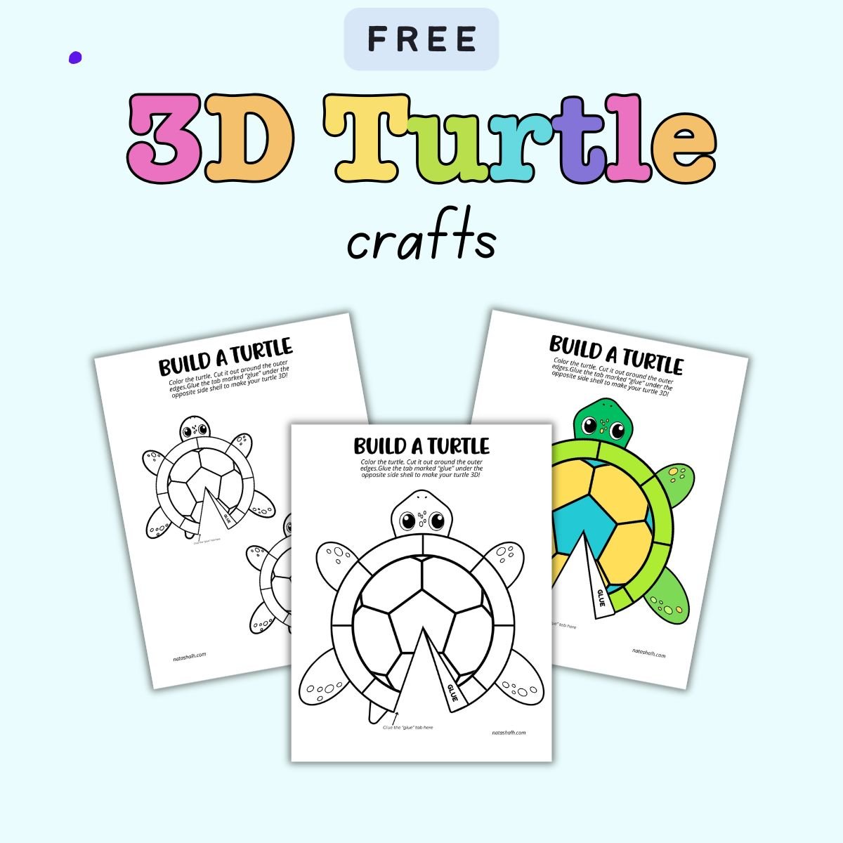 text "free 3D turtle crafts" with a preview of three pages of printable turtle craft