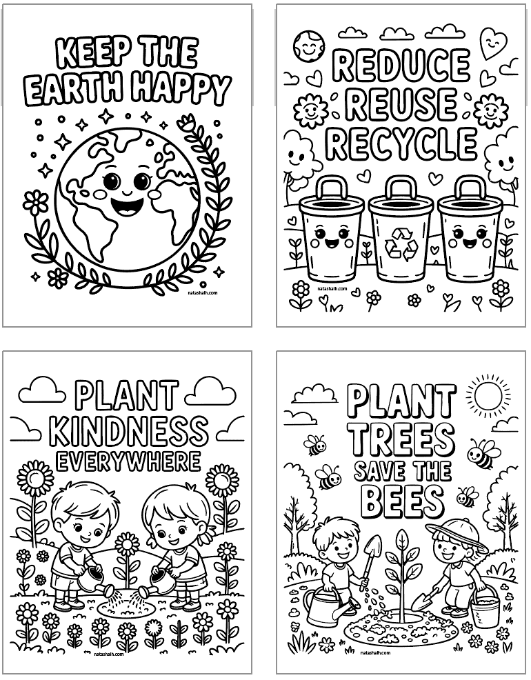 four earth day coloring pages with recycling and gardening themes