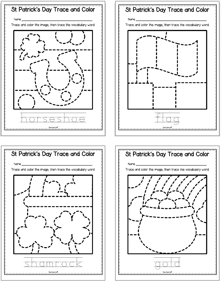 four st patrick's day trace and color worksheets for kids