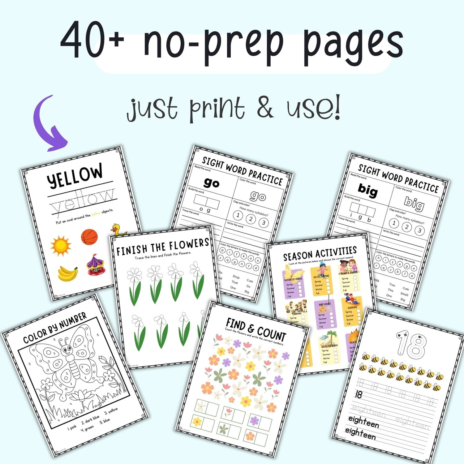 text" 40+ no prep pages, just print and use!" with a preview of April kindergarten morning worksheets
