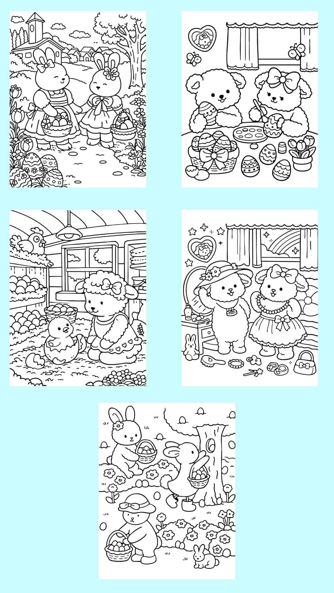 five easter coloring pages with cute animals