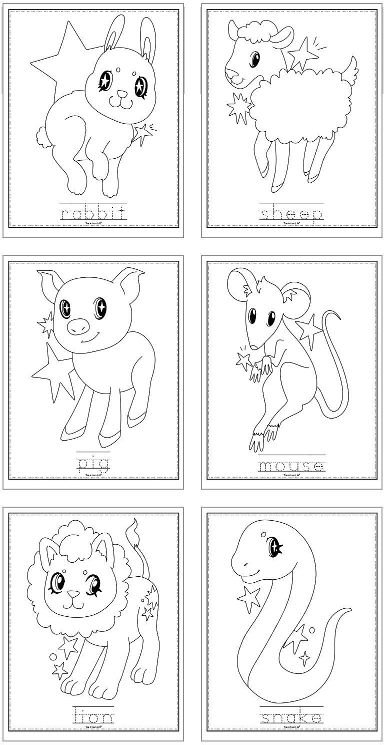 Six animal coloring pages including: monkey
horse
chicken
dog
cow
tiger