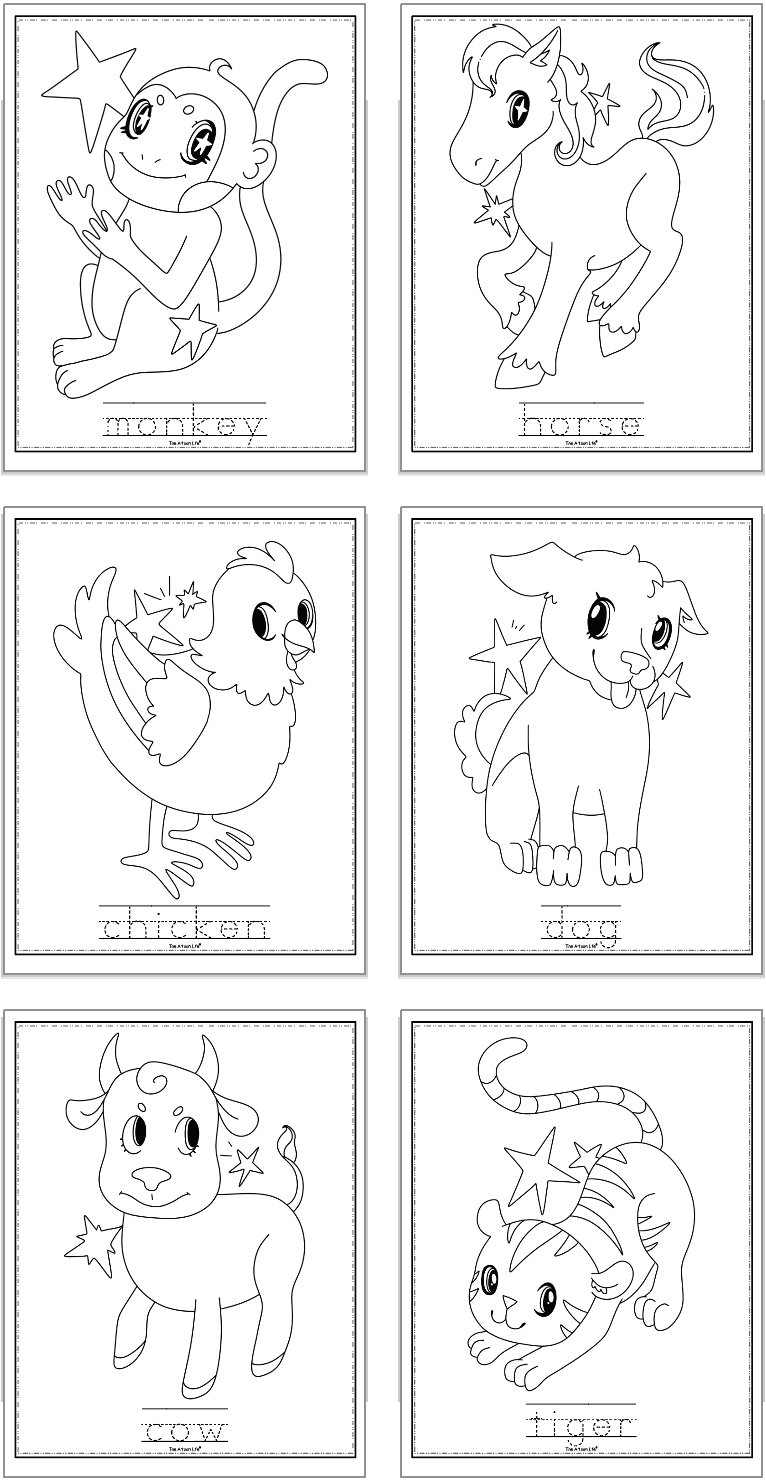 six animal coloring sheets including: rabbit
sheep
pig
mouse
lion
snake
monkey