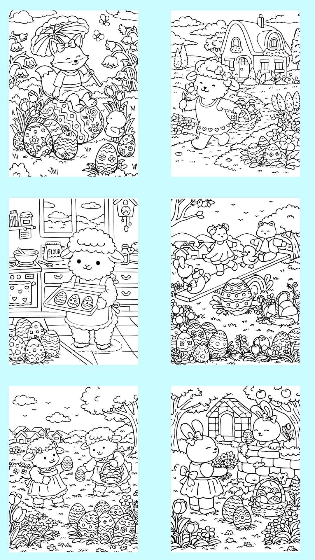 six easter coloring pages with cute animals