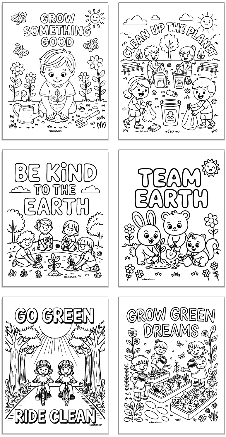 six earth day coloring pages for kids featuring gardening and recycling themes