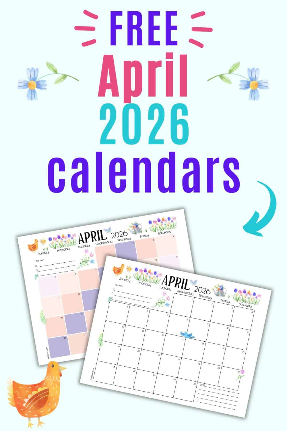 text "free printable April 2026 calendars" with a. preview of two pages of April 2026 calendar printable