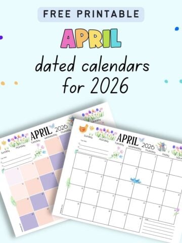 Text free printable April dated calendar for 2026 with a preview of two dated calendar pages for April 2026
