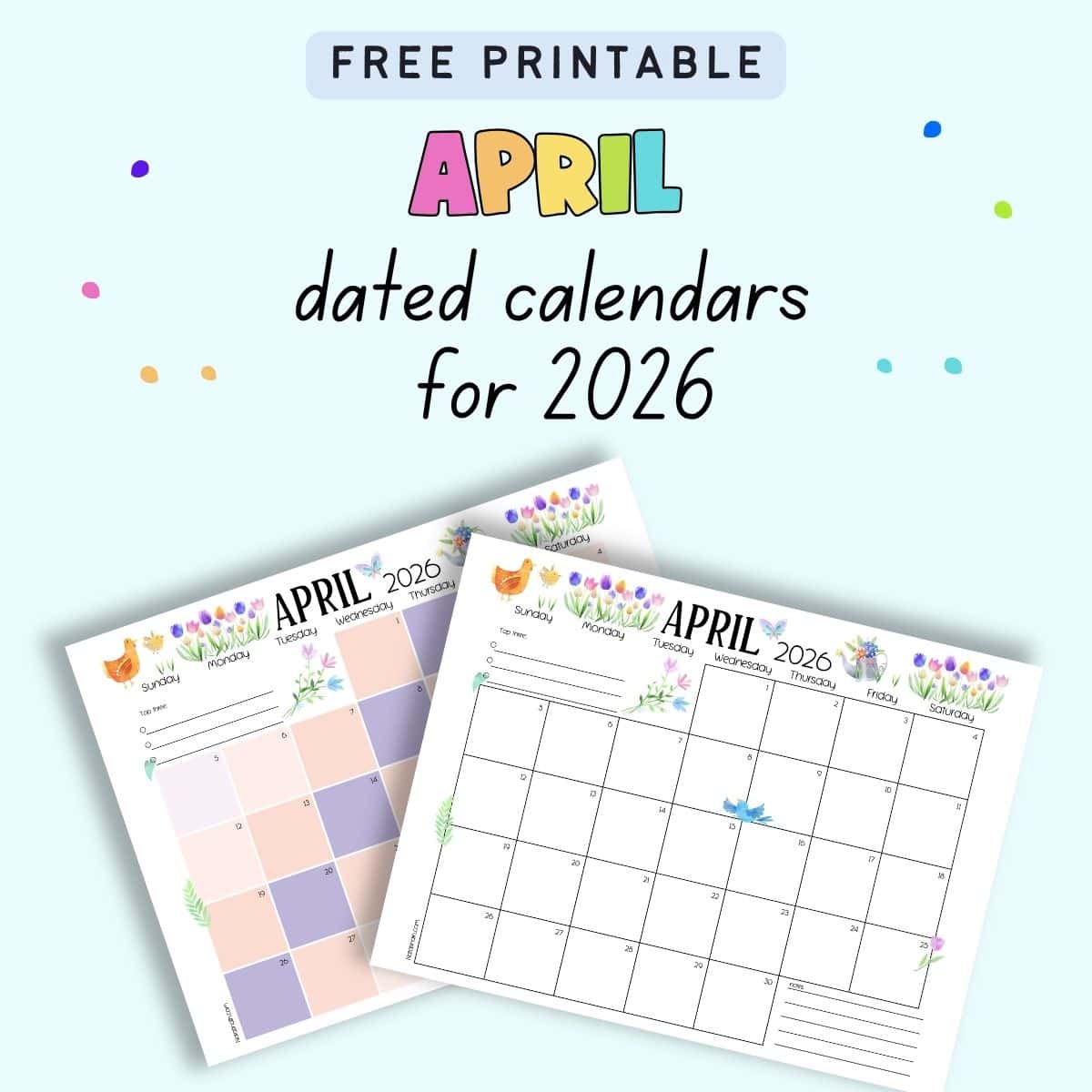 Text free printable April dated calendar for 2026 with a preview of two dated calendar pages for April 2026