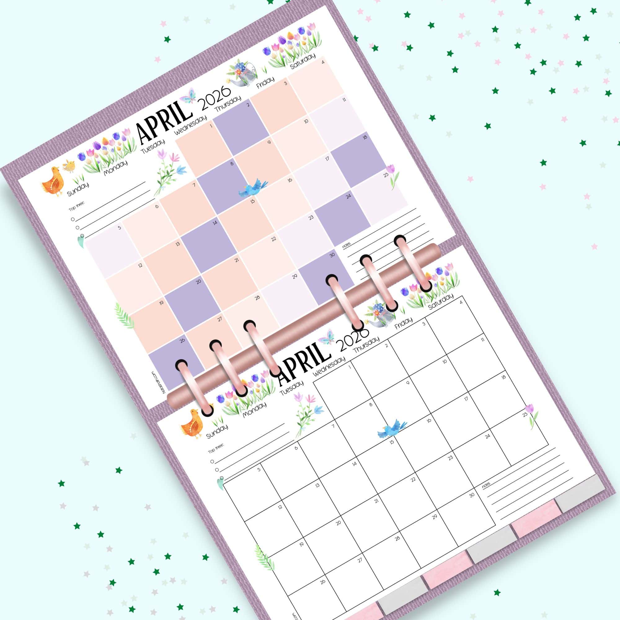 A mockup of a planner open to pages for April 2026