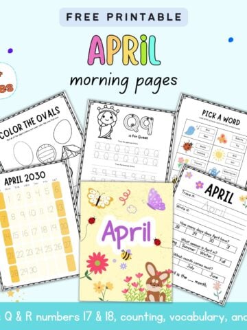 text "free printable April morning pages" with a preview of six morning page worksheets