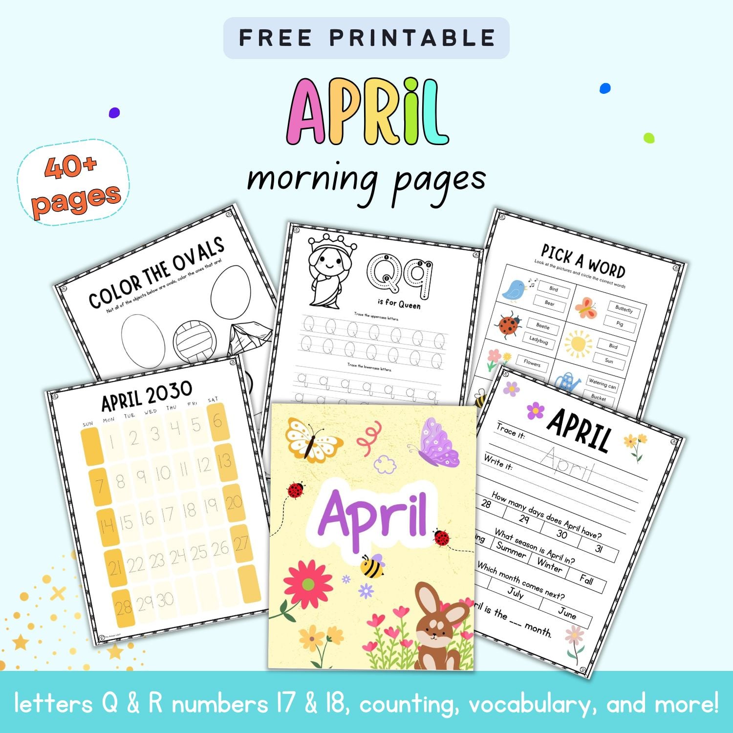 text "free printable April morning pages" with a preview of six morning page worksheets