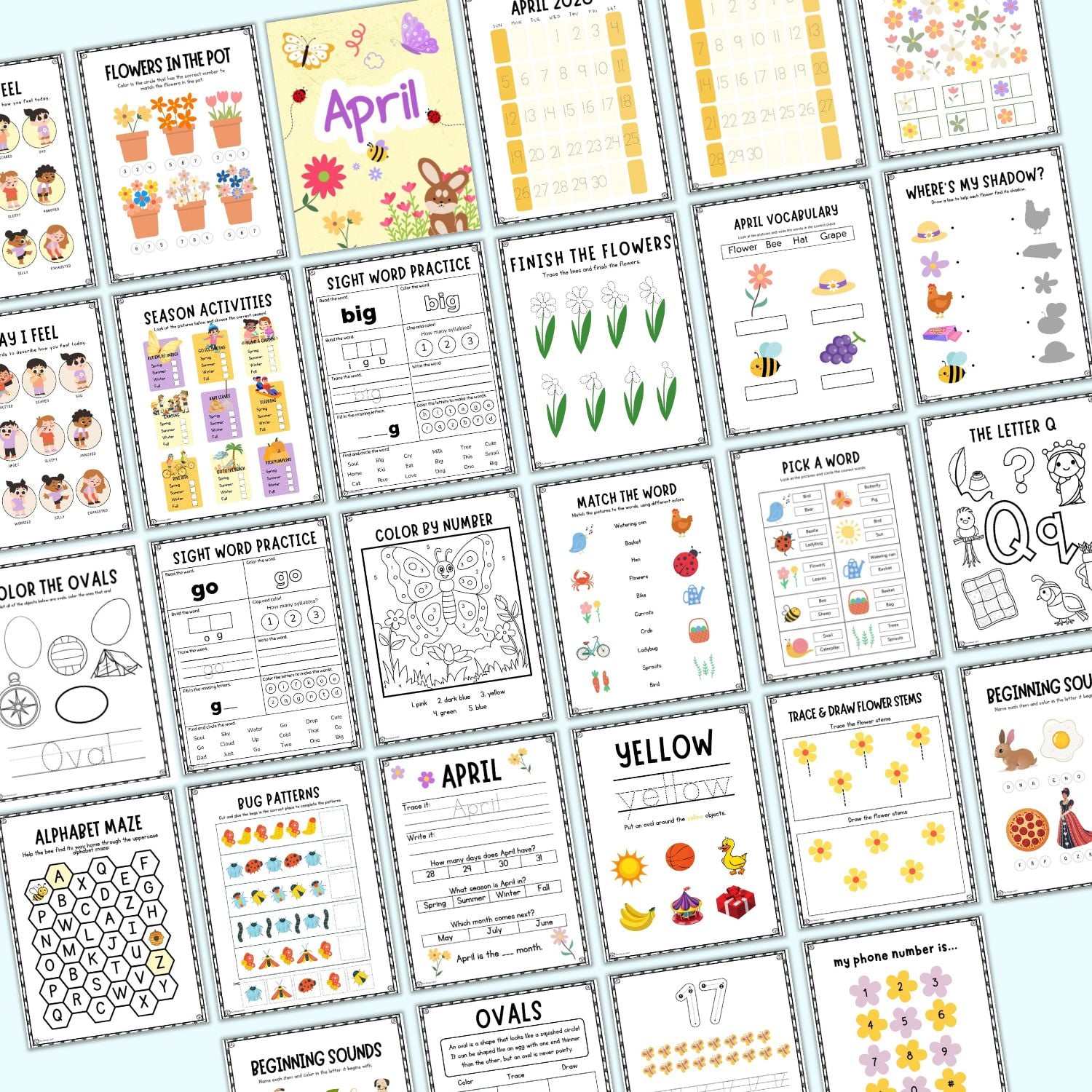 a preview of 20+ April themed worksheets for kindergarten students
