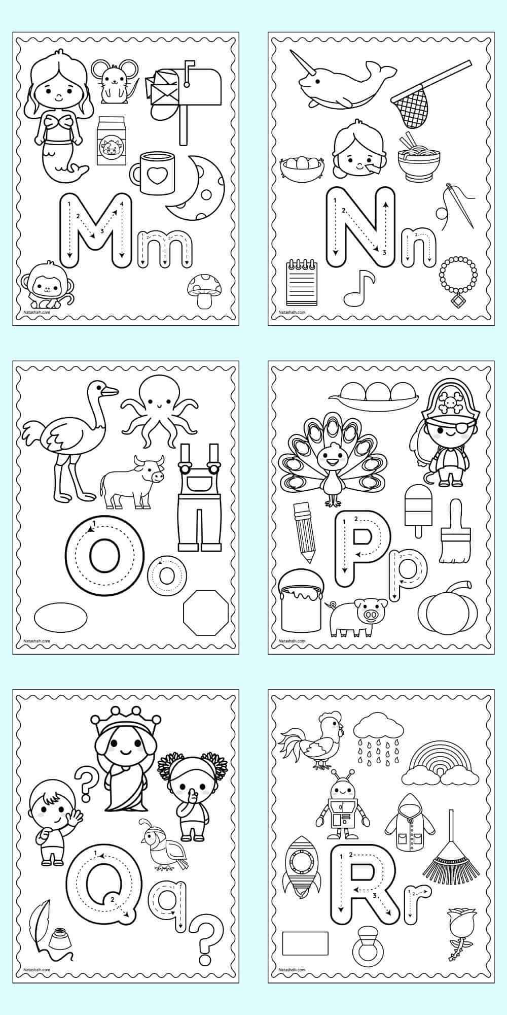 Six alphabet coloring pages showing correct letter formation graphics and beginning letter sound images to color. Letters include M - R