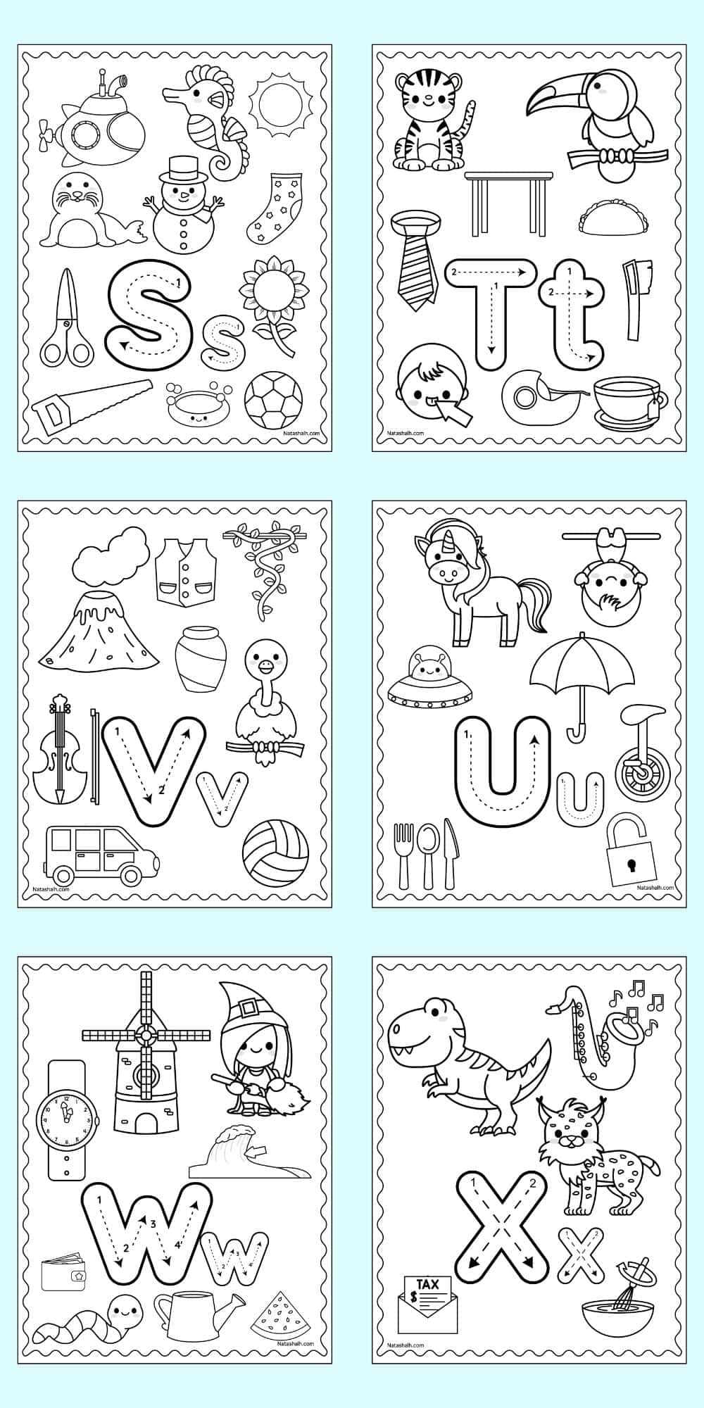 Six alphabet coloring pages showing correct letter formation graphics and beginning letter sound images to color. Letters include S-X