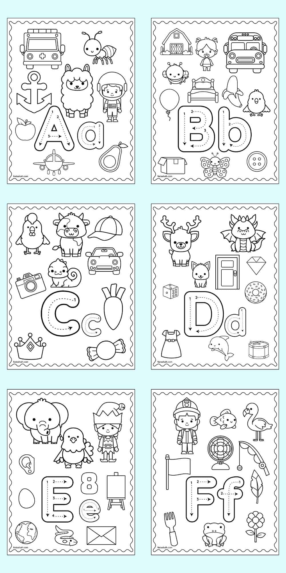 Six alphabet coloring pages showing correct letter formation graphics and beginning letter sound images to color. Letters include A - F