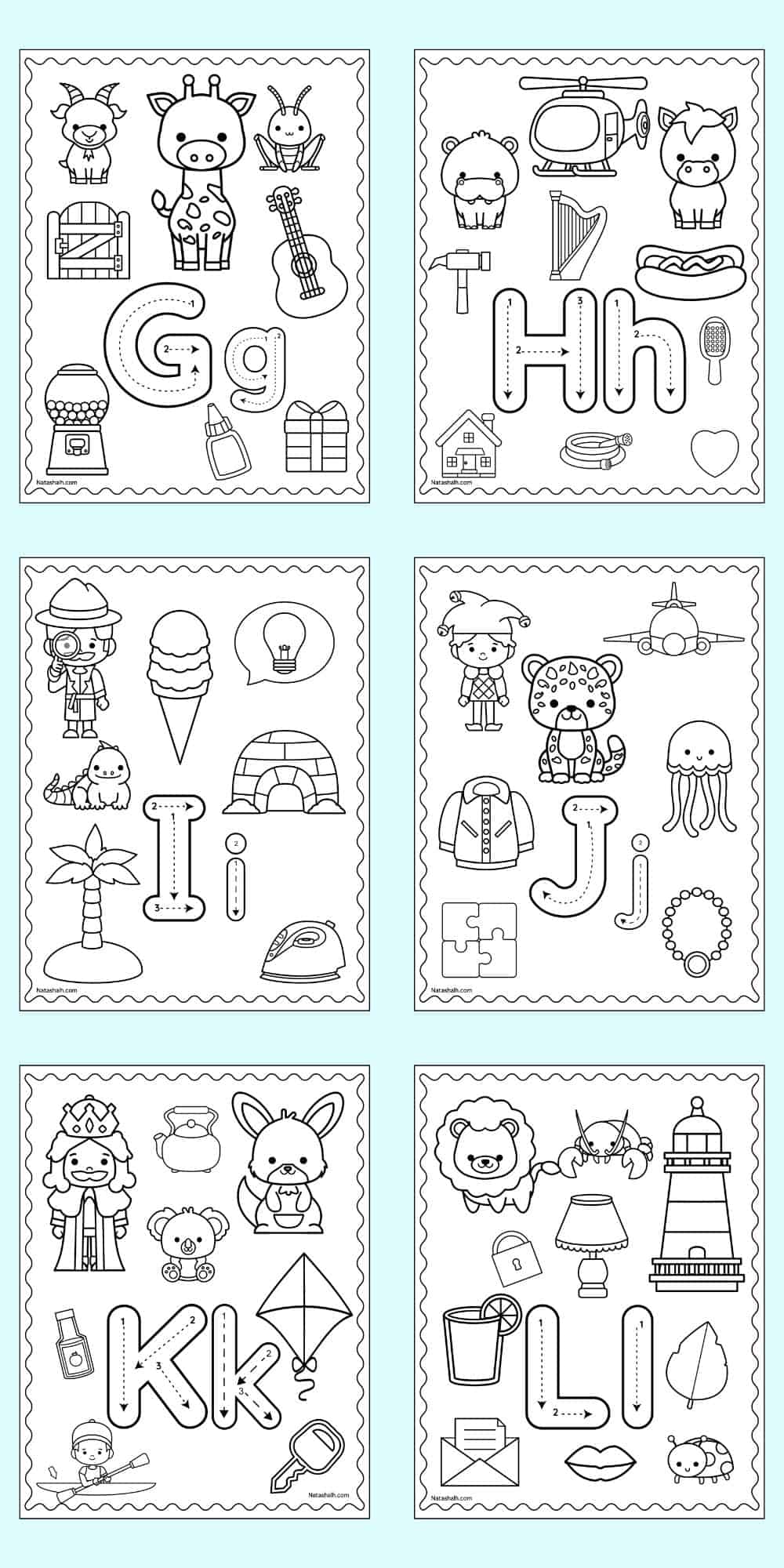 Six alphabet coloring pages showing correct letter formation graphics and beginning letter sound images to color. Letters include G - L