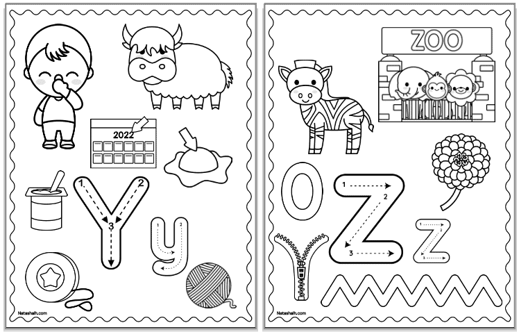 two alphabet coloring pages showing correct letter formation graphics and beginning letter sound images to color. Letters include Y and Z