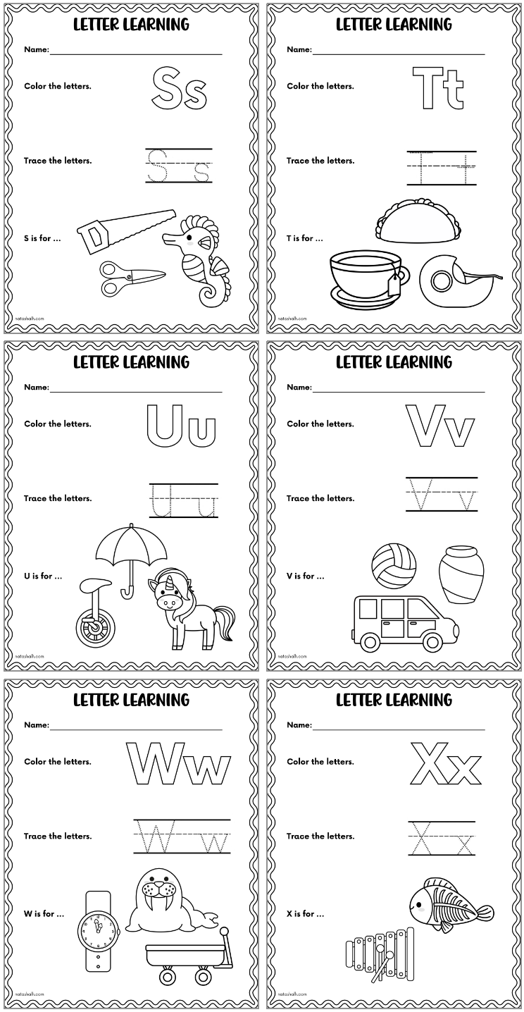 alphabet tracing and coloring pages letters s-x