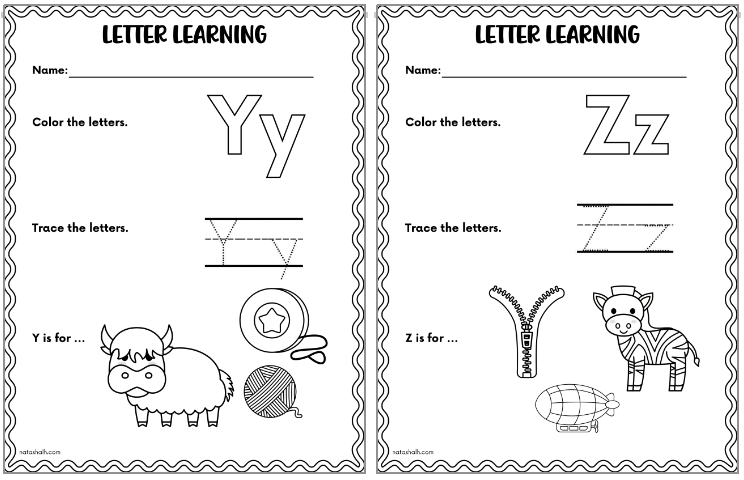 alphabet tracing and coloring pages letters y-z
