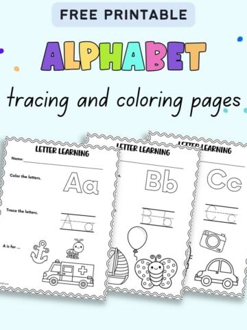 text "free printable alphabet trace and color pages" with a preview of three worksheets