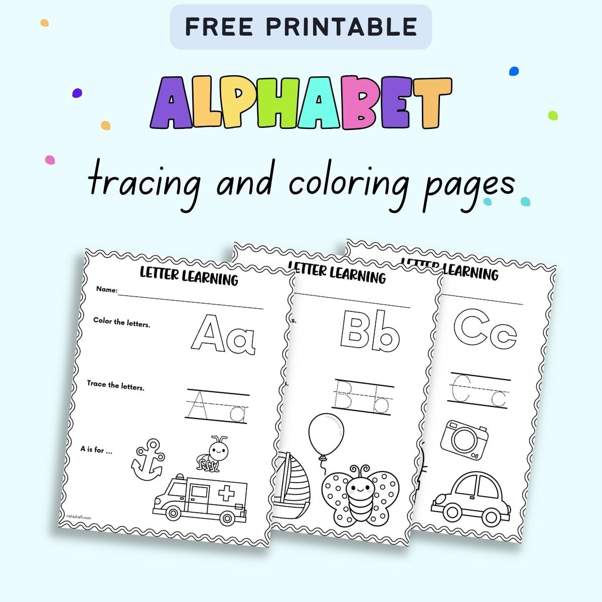 text "free printable alphabet trace and color pages" with a preview of three worksheets