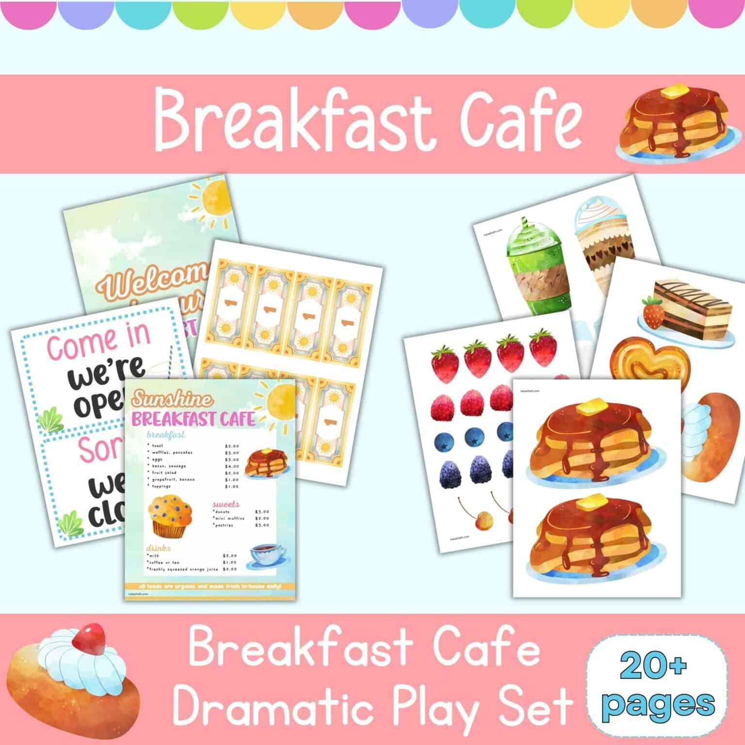 text "breakfast cafe dramatic play set" with a preview of pages from a pretend play set