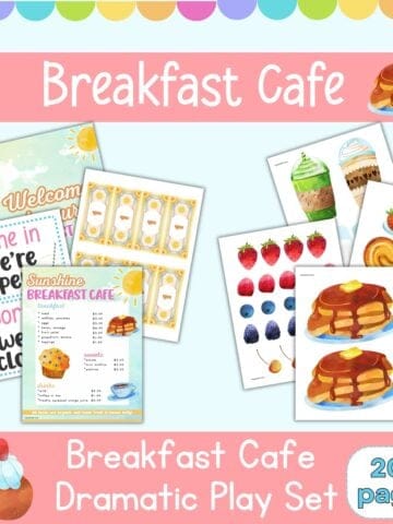 text "breakfast cafe dramatic play set" with a preview of pages from a pretend play set