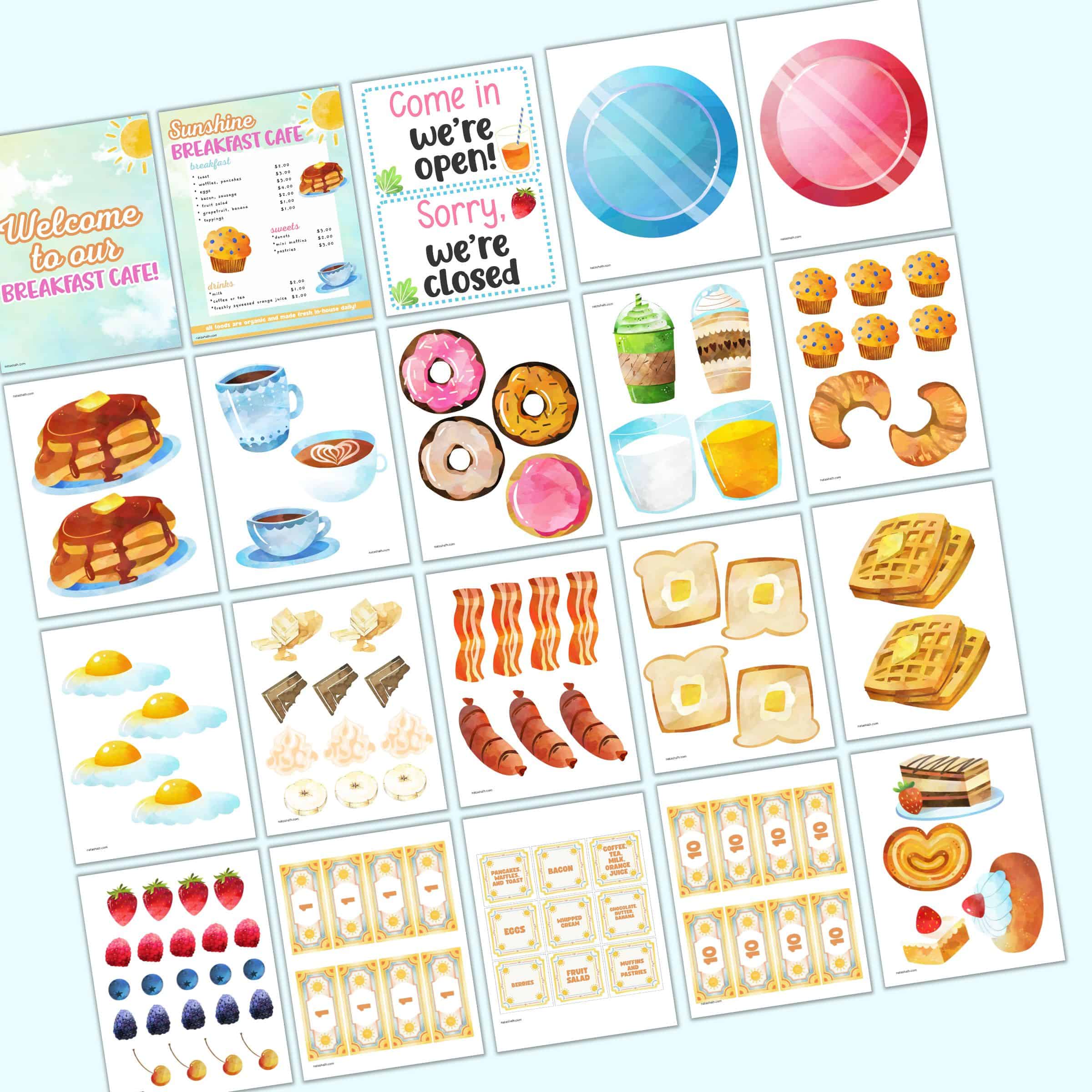 a preview of 20 pages of printable dramatic play center pages with a breakfast cafe theme