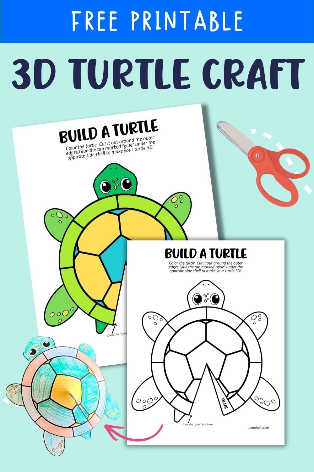 text "free printable 3d turtle craft" with a preview of two pages of turtle craft and a picture of a completed craft