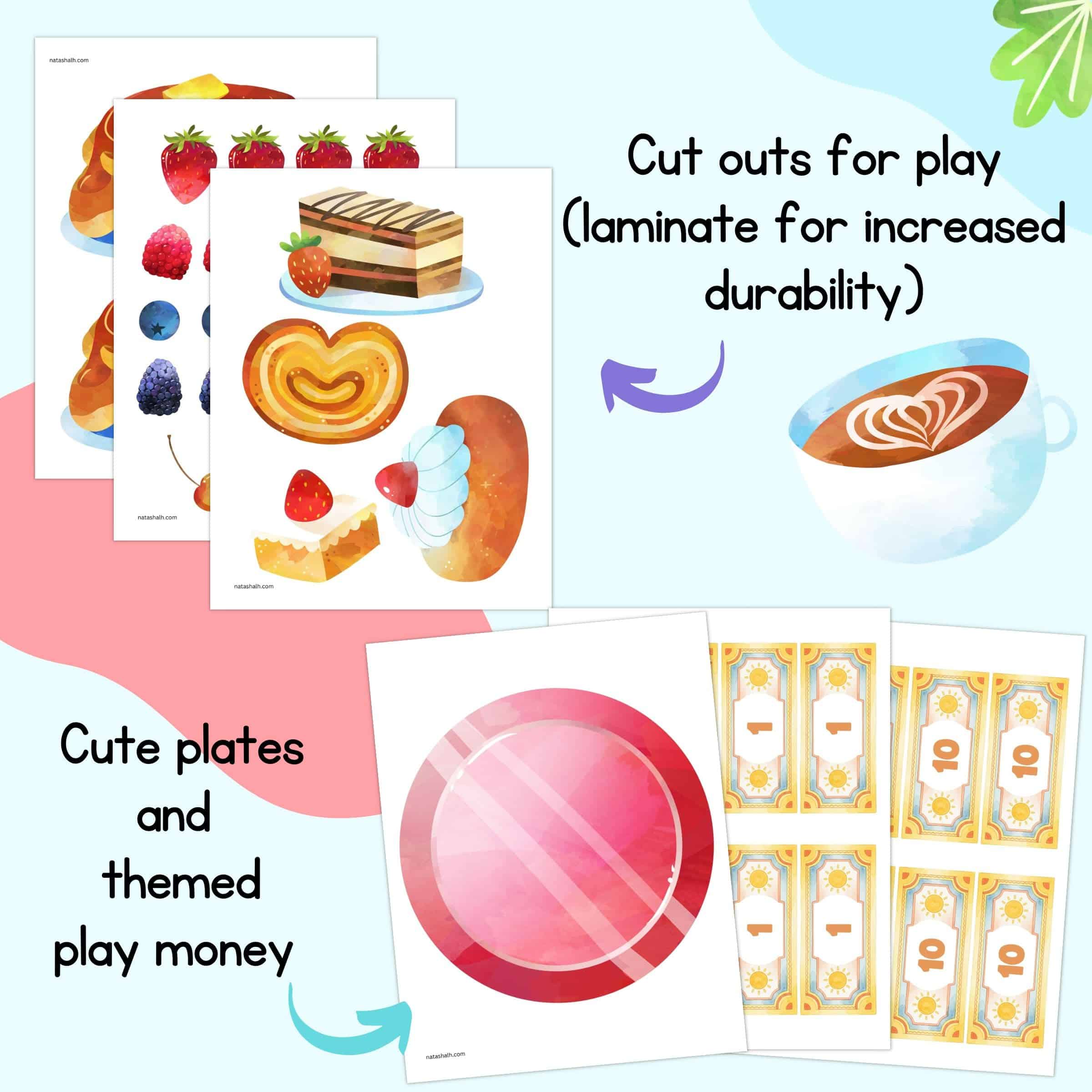 text "cut outs for play" and "cute plates and themed play money" with preview of pages from a dramatic play set