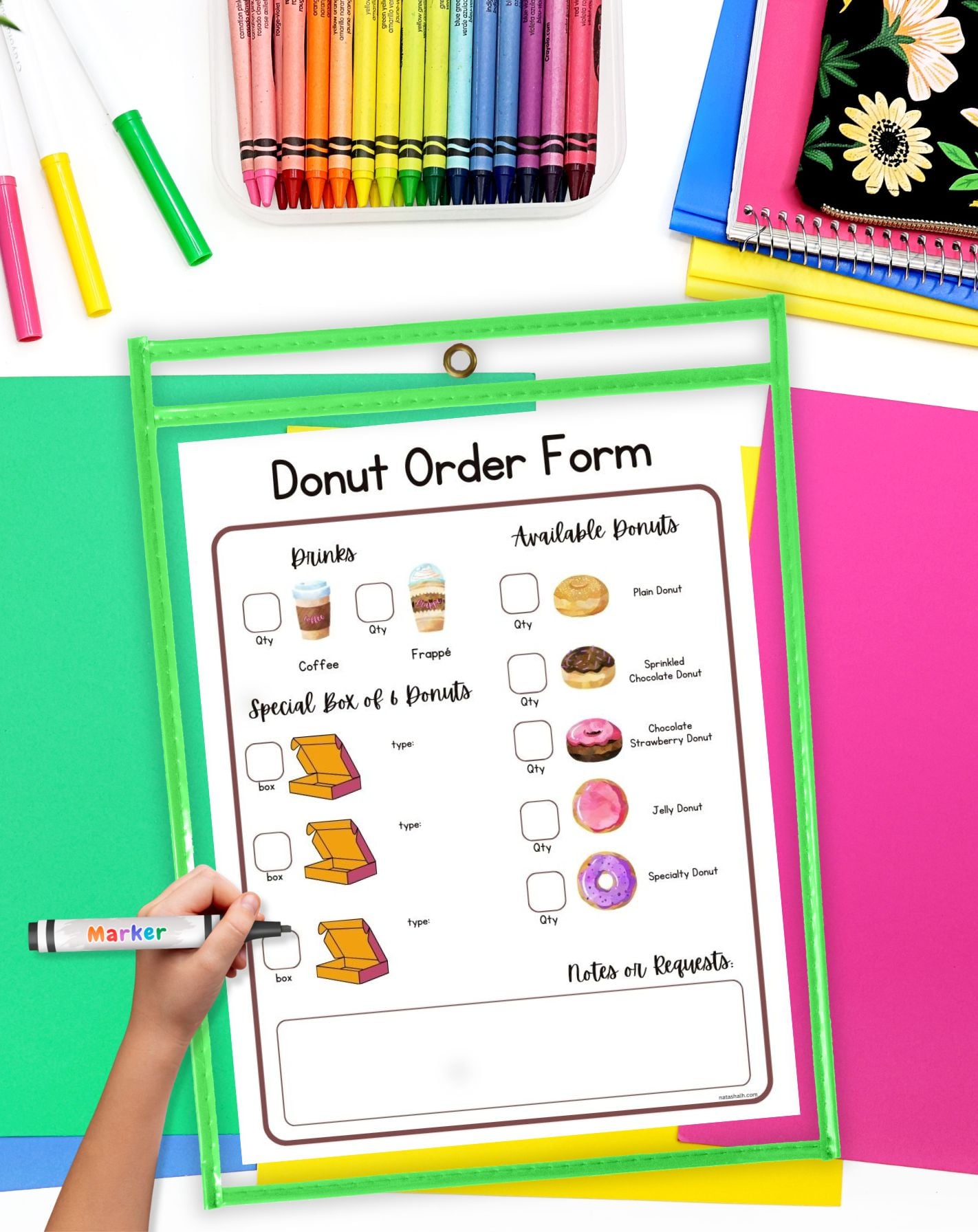 a donut shop order form in a dry erase pocket