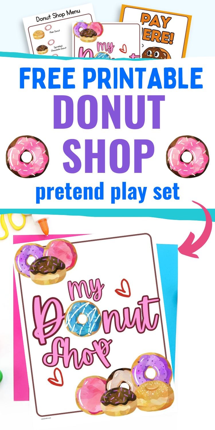 text "free printable donut shop pretend play set" with images of dramatic play center printbels for kids