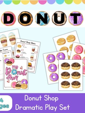 text "donut shop dramatic play set" with a preview of six pages from a printable donut shop themed imaginative play center