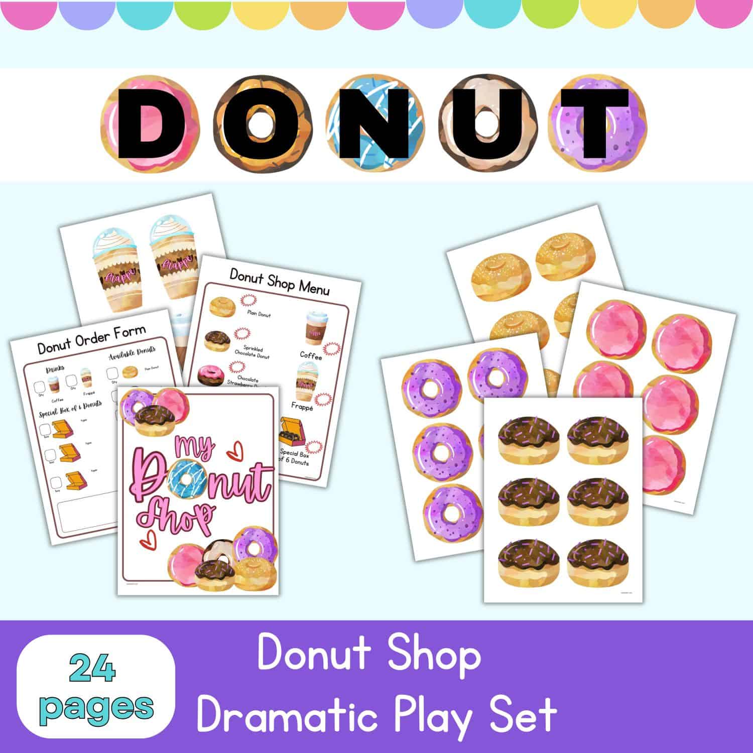 text "donut shop dramatic play set" with a preview of six pages from a printable donut shop themed imaginative play center