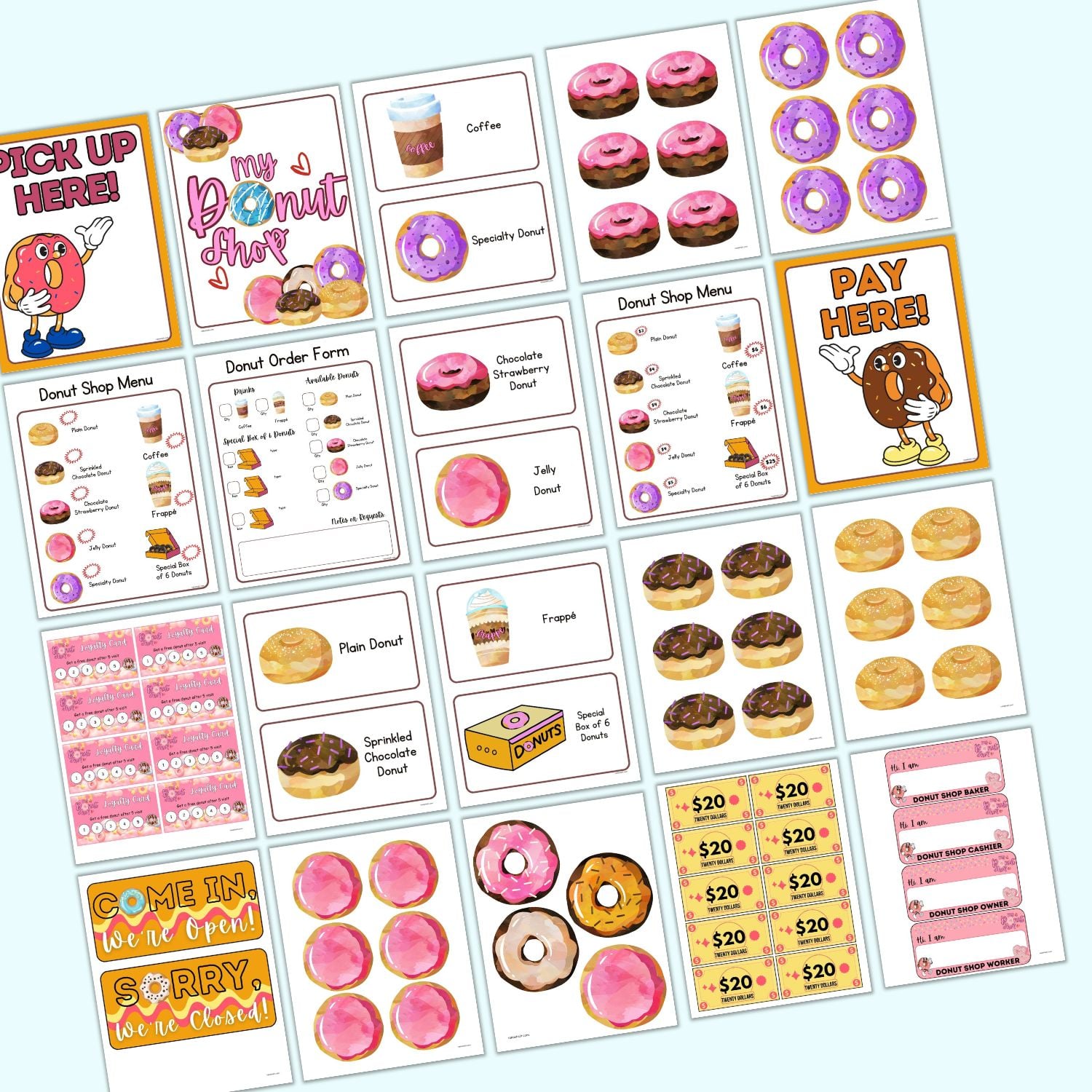 a preview of 20 pages from a printable donut themed dramatic lay center