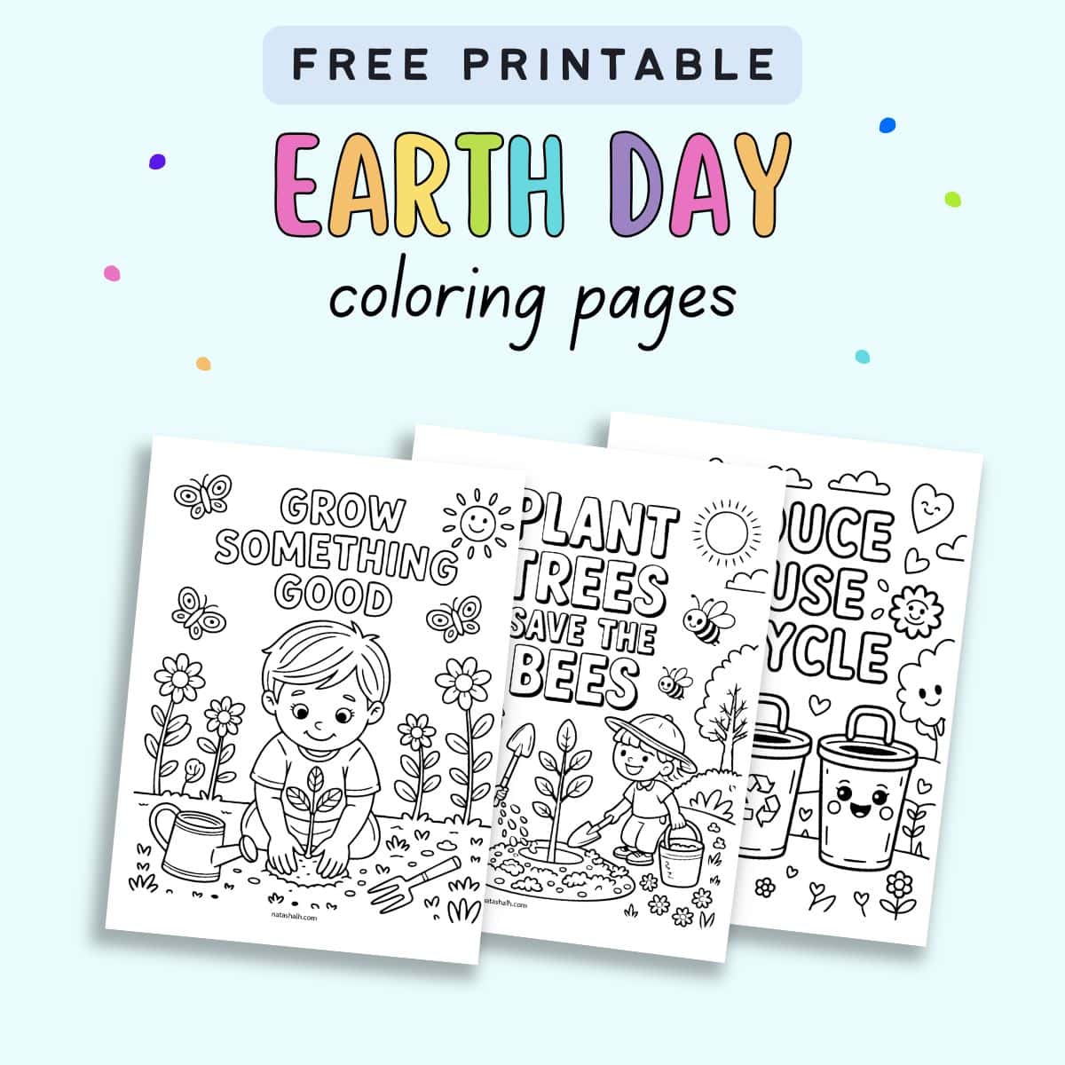 text "free printable Earth Day coloring pages" with previews for three Earth Day coloring sheets for kids