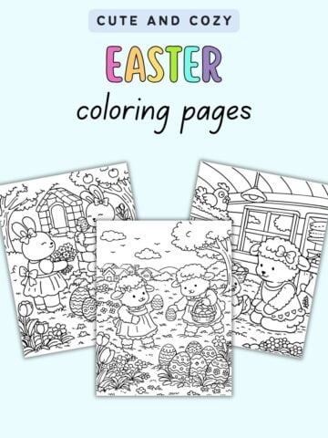 text "cute and cozy easter coloring pages" with a preview of three easter coloring sheets